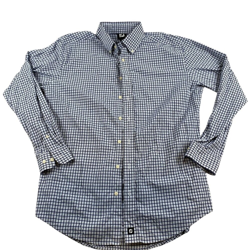 FootJoy Mens Shirt Large Blue/White Checkered Long Sleeve Button Down Casual